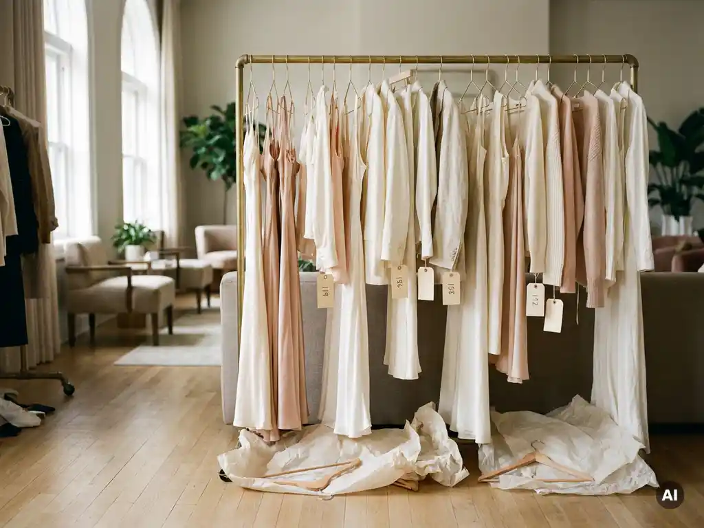 Kledingrek met designerstukken, sommige zonder prijskaartje, in een lichte modeshowruimte met verspreid tissuepapier op eiken vloer.