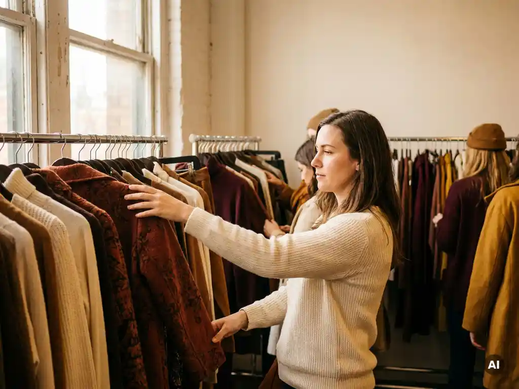Vrouw pauzeert bij een druk kledingrek op een sample sale, hand boven een terracottakleurig kledingstuk, omringd door dicht opeengepakte mode-items.
