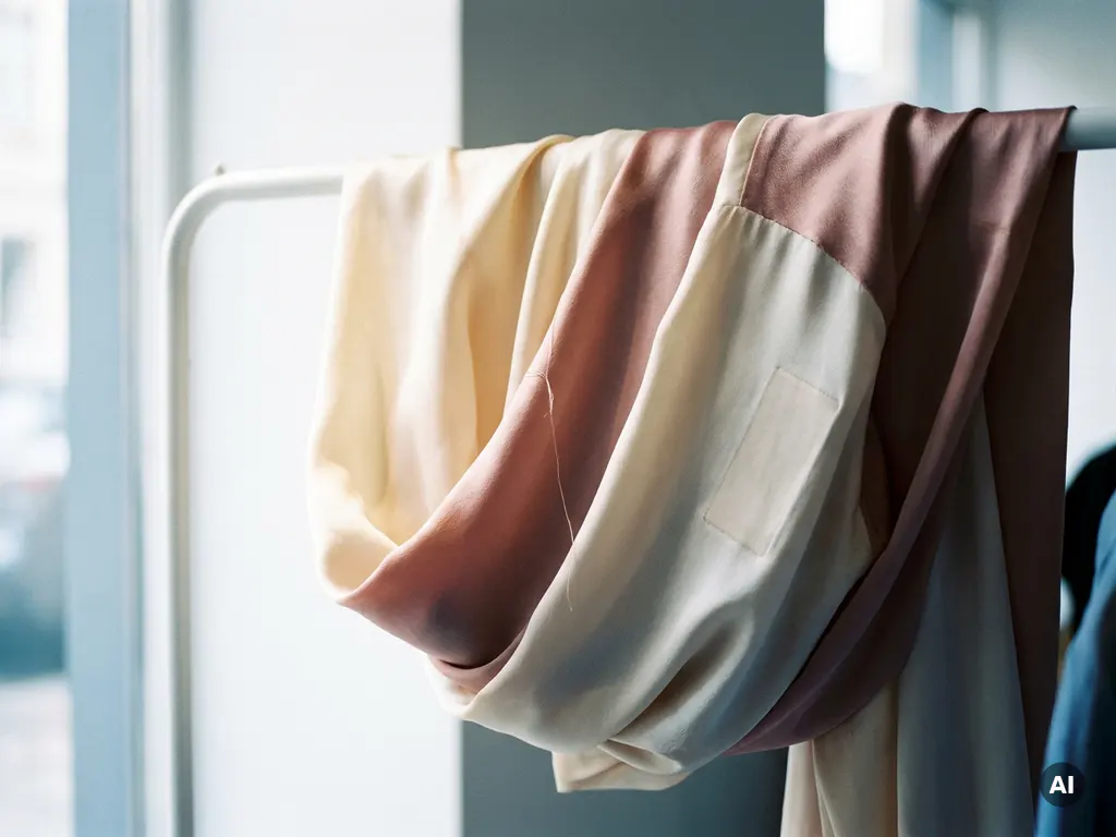 Luxueuze zijden blouse in ivoor en stoffig roze over wit minimalistische rek, met zichtbare draadtrek en persmarkering in zacht daglicht.
