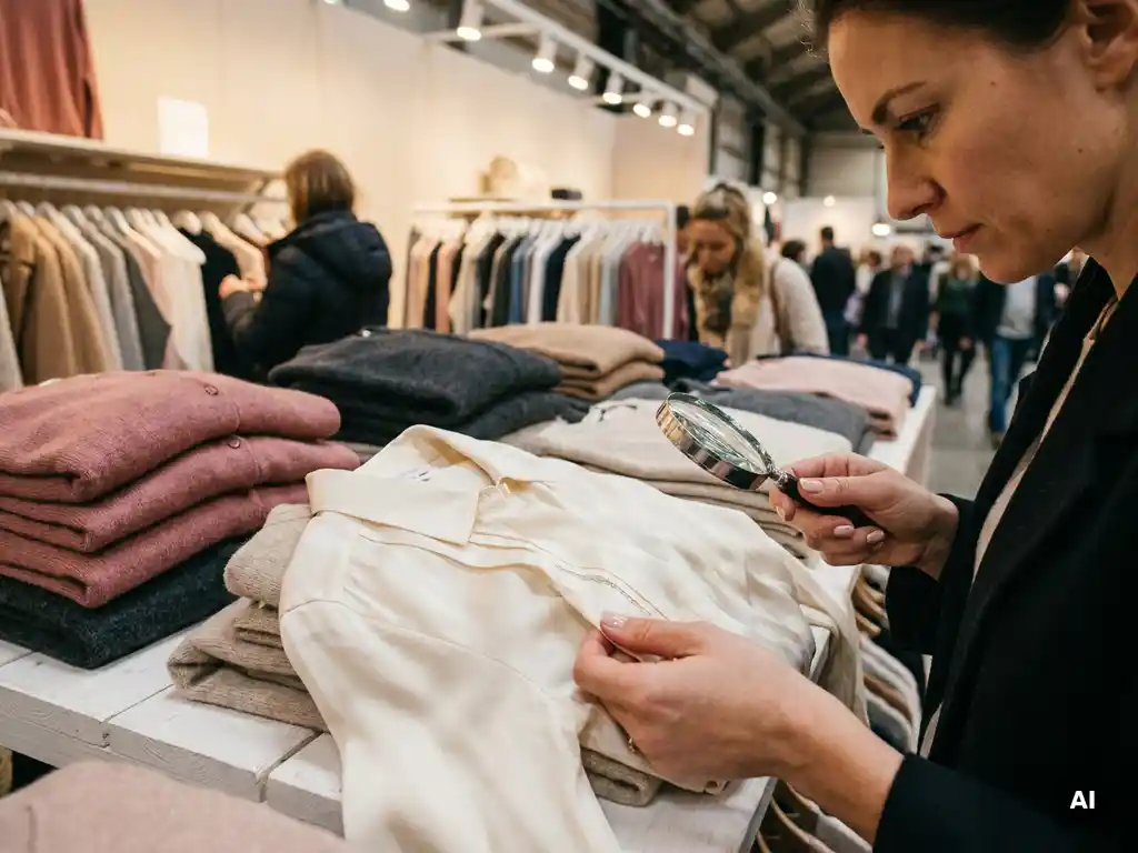 Shopper inspecteert nauwkeurig de naad van een zijden blouse bij een sample sale, omringd door gevouwen kleding op een witte tafel.